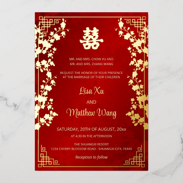 BILINGUAL Gold Frame Red Chinese Wedding Folieneinladung (Vorderseite)