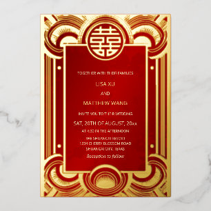 BILINGUAL Gold Frame Red Chinese Wedding Folieneinladung