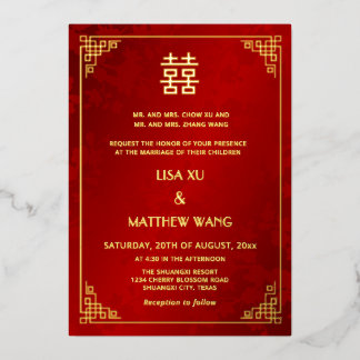  BILINGUAL Gold Frame Red Chinese Wedding Folieneinladung