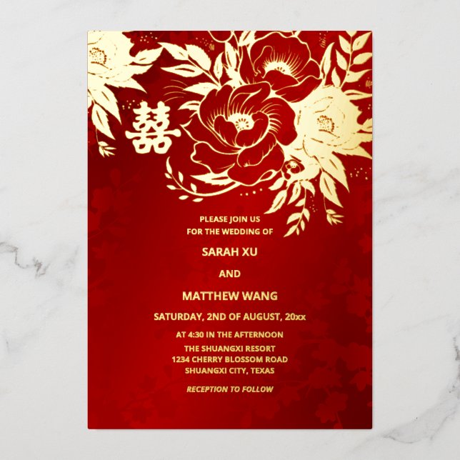 BILINGUAL Gold Rose Chinesische Hochzeit Folieneinladung (Vorderseite)