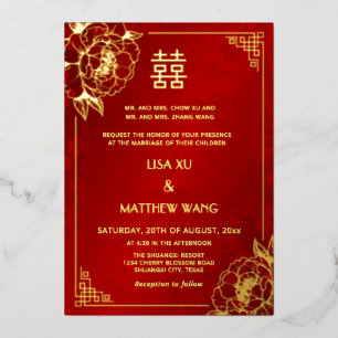 BILINGUAL Goldrahmen-Pfingstrose Chinesische Hochz Folieneinladung