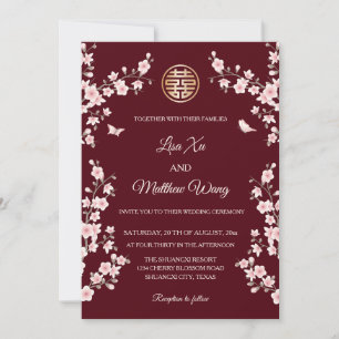 BILINGUAL   Maroon Cherry Blossom Chinese Wedding Einladung