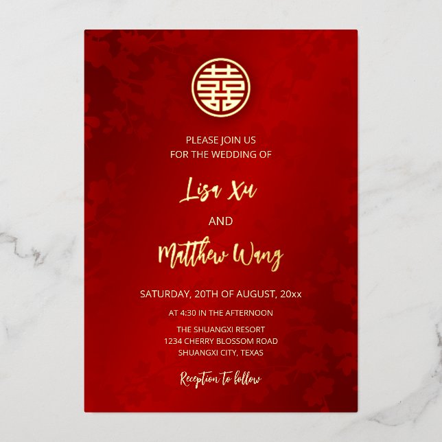 BILINGUAL Modern Red Chinese Wedding Folieneinladung (Vorderseite)