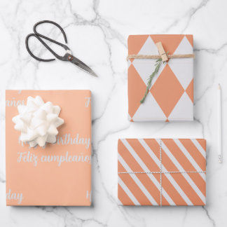 Bilingual Peach Feliz Cumpleaños - Happy Birthday Geschenkpapier Set