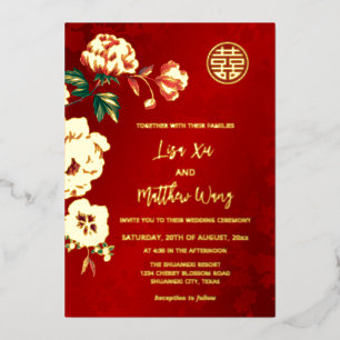 BILINGUAL Peony Blume Chinesische Hochzeit Folieneinladung