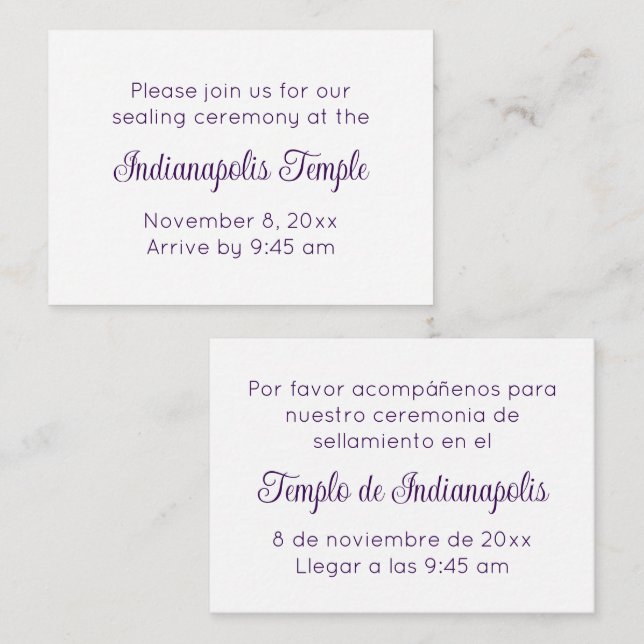 Bilingual Purple Script Temple Sealing Invitation Begleitkarte (Vorne/Hinten)