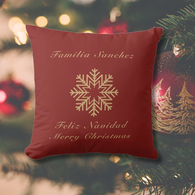 Bilingual Red and Golden Christmas Feliz Navidad Kissen (Bilingual red & golden throw pillow, custom family name & text. Multilingual Project)