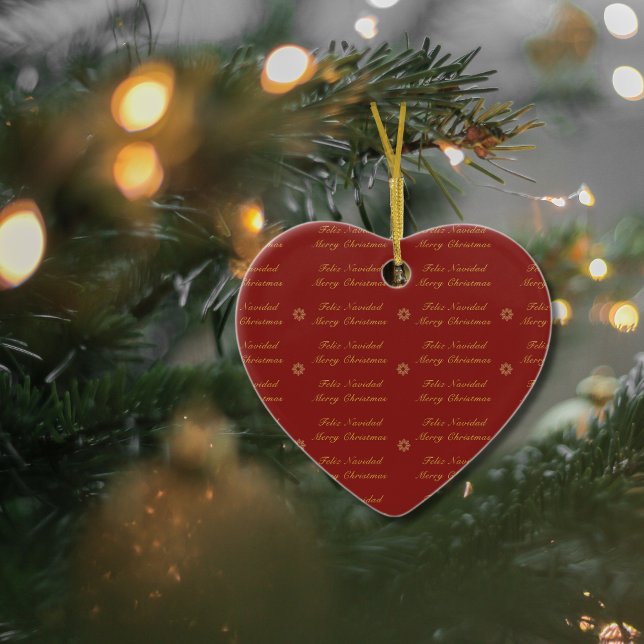 Bilingual Red and Golden Christmas Snowflake Keramik Ornament (Bilignual Ornament, custom family name & Spanish text. Multilingual Project)