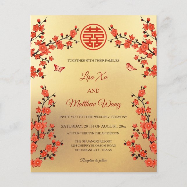 BILINGUAL Red Cherry Blossom | Chinesische Hochzei Flyer (Vorne)