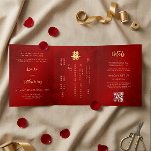 BILINGUAL Red Gold Chinesisch Hochzeit Dreifach Gefaltete Einladung