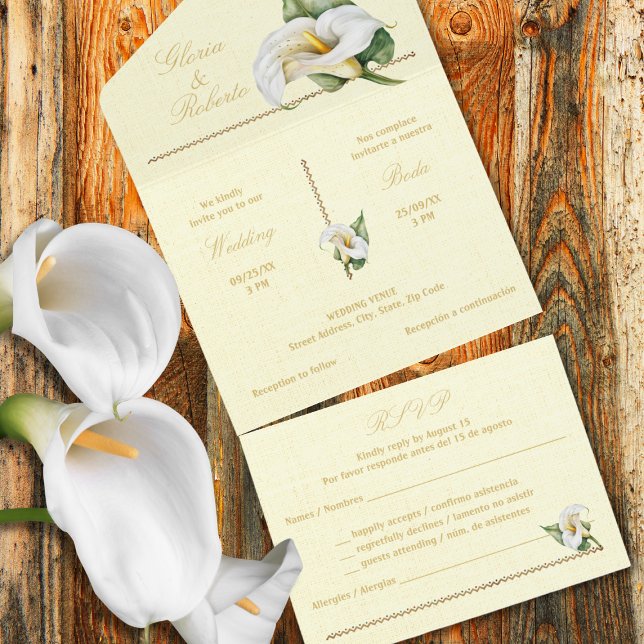 Bilingual Romantic Tones Cala Lily Mexican Wedding All In One Einladung (Von Creator hochgeladen)
