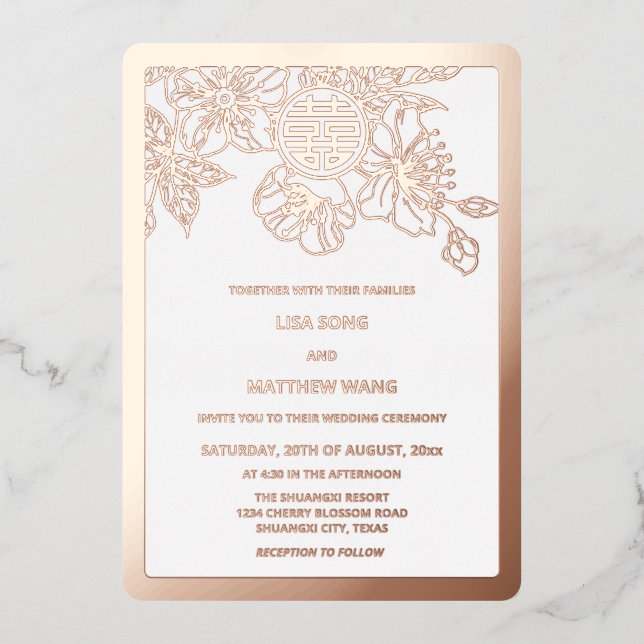 BILINGUAL Rose Gold Cherry Blossom Chinesische Hoc Folieneinladung (Vorderseite)