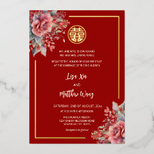 BILINGUAL Rose Red Gold Chinesisch Hochzeit Folieneinladung