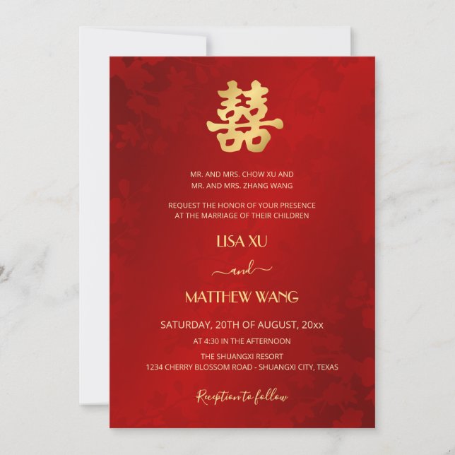 Bilingual | Simple Red Gold Chinese Wedding Einladung (Vorderseite)