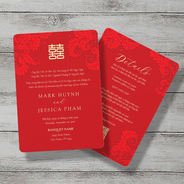 Bilingual Vietnamese English Red Floral Wedding Einladung (Von Creator hochgeladen)
