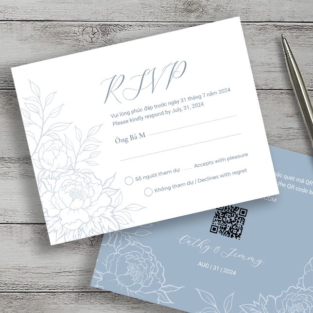 Bilingual Vietnamese Peony Dusty Blue RSVP Cards (Von Creator hochgeladen)