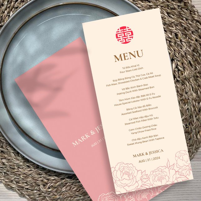 Bilingual Vietnamese Peony Song Hy Wedding Menu Menükarte (Von Creator hochgeladen)