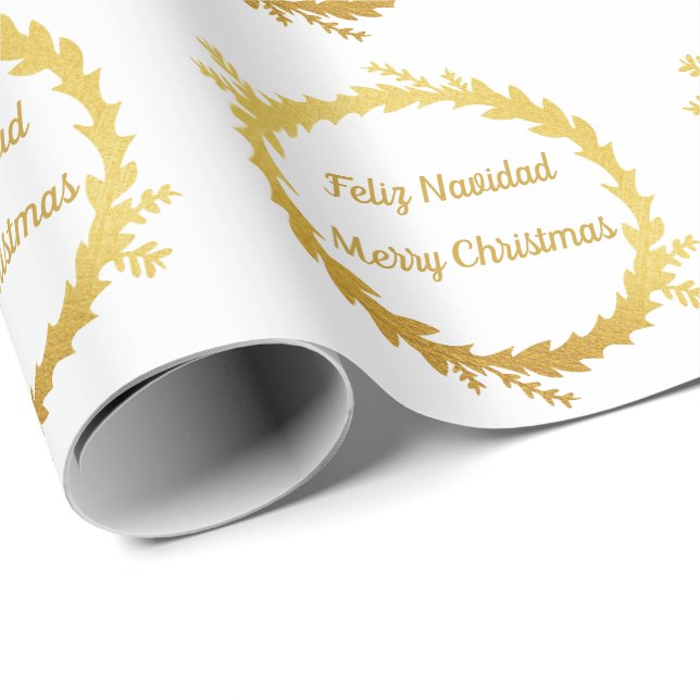 Bilingual White Golden Feliz Navidad Geschenkpapier (Rolleneckpunkt)