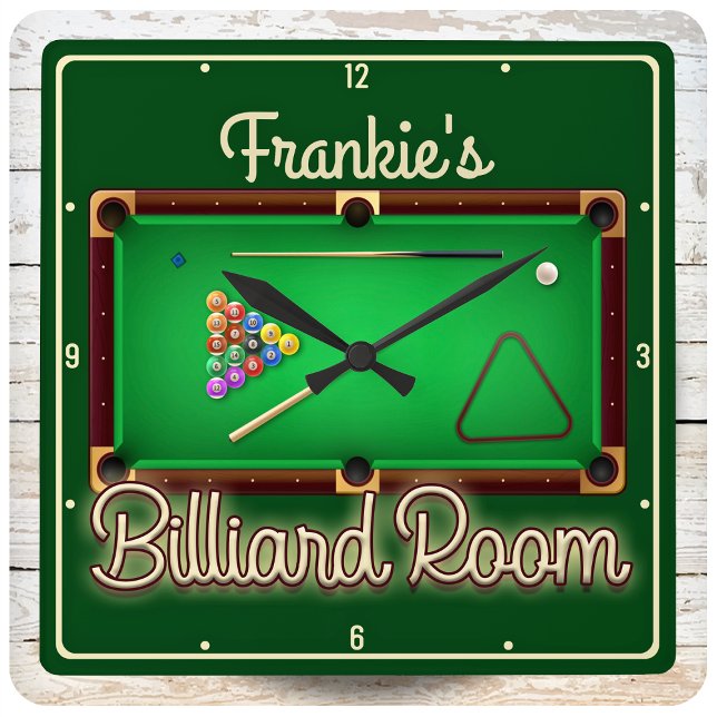 Billard ADD NAME Pool Tisch Billard Spielraum Quadratische Wanduhr (Von Creator hochgeladen)