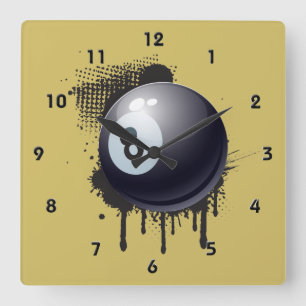 Billard-Ball auf abstraktem schwarzem Splotch Quadratische Wanduhr
