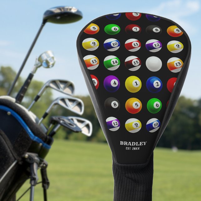 Billard-Balls-Muster schwarz Pool Tisch Billard Golf Headcover (Pool Table Billiard Balls Pattern Black Golf Head Cover)