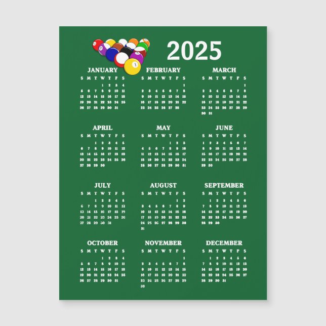 Billard Balls Pool 2025 Kalender Magnetkarte (Vorderseite)