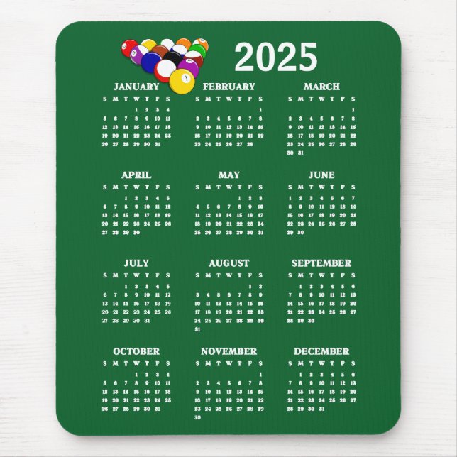 Billard Balls Pool Design 2025 Kalender MousePad (Vorne)