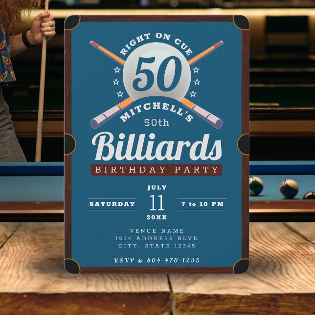 Billard Billard 50. Geburtstagsparty Blue Einladung (Pool Billiards 50th Birthday Party Blue Invitation
)