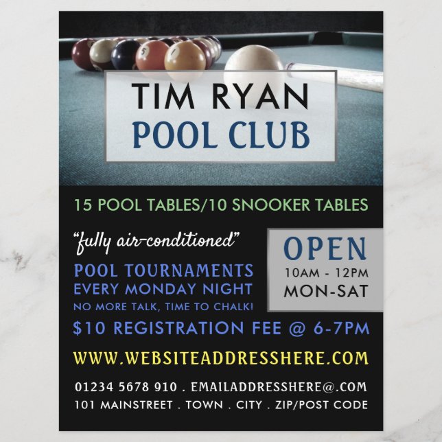 Billardtisch, Pool, Snooker Club Werbung Flyer (Vorne)
