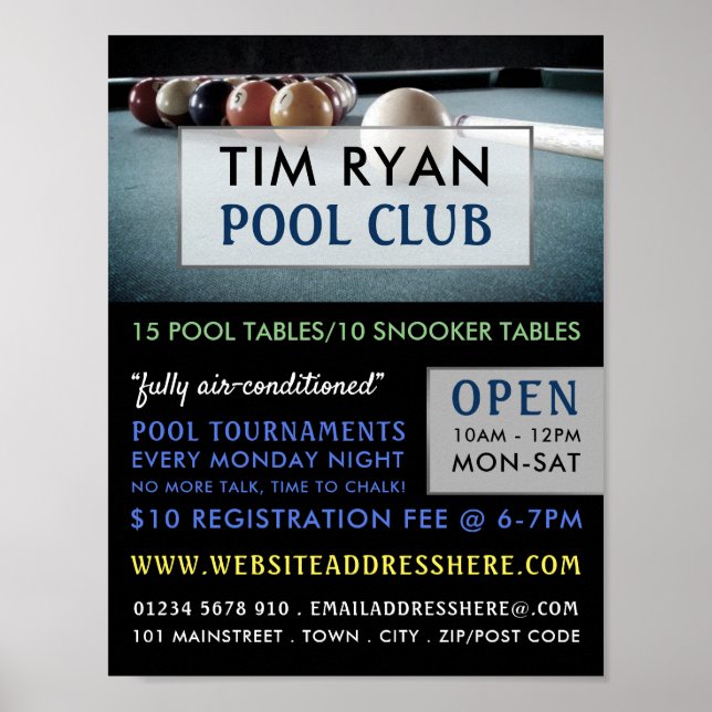 Billardtisch, Pool, Snooker Club Werbung Poster (Vorne)