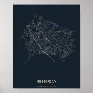 Billerica Massachusetts Straßenkarte Poster (Nacht