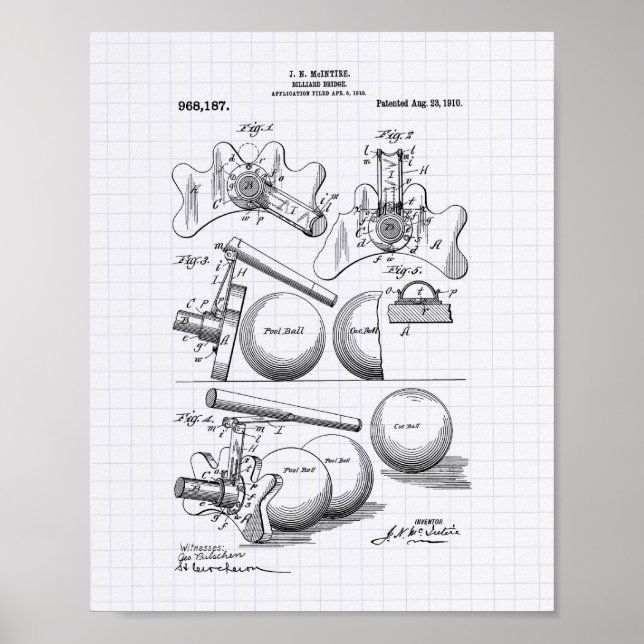 Billiard Bridge 1910 Patent Art - Lined Peper Poster (Vorne)