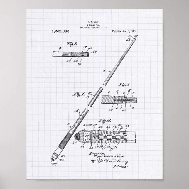 Billiard Cue 1918 Patent Art - Lined Peper Poster (Vorne)