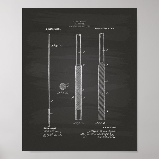 Billiard Cue 1919 Patentart - Tafel Poster (Vorne)