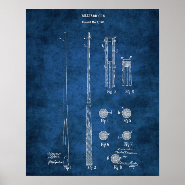 Billiard Cue Patent Blueprint no 4 Pool Room Art Poster (Vorne)