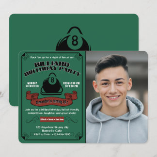 Billiard Geburtstagsparty Pool Thema Custom Foto Einladung