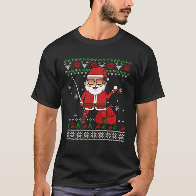Billiard Player Stick Rack Santa Claus Ugly Xmas T-Shirt (Vorderseite)