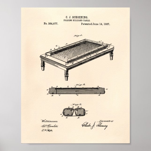 Billiard Table 1887 Patent Art - Old Peper Poster (Vorne)