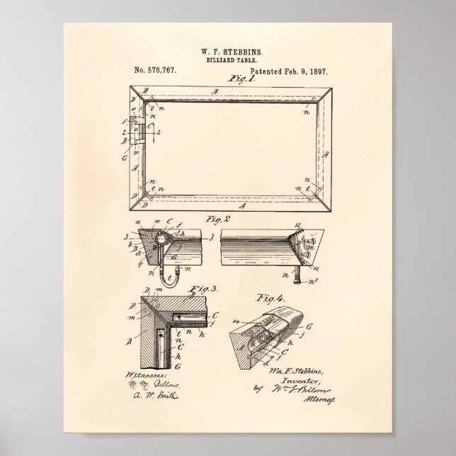 Billiard Table 1897 Patent Art - Old Peper Poster (Vorne)