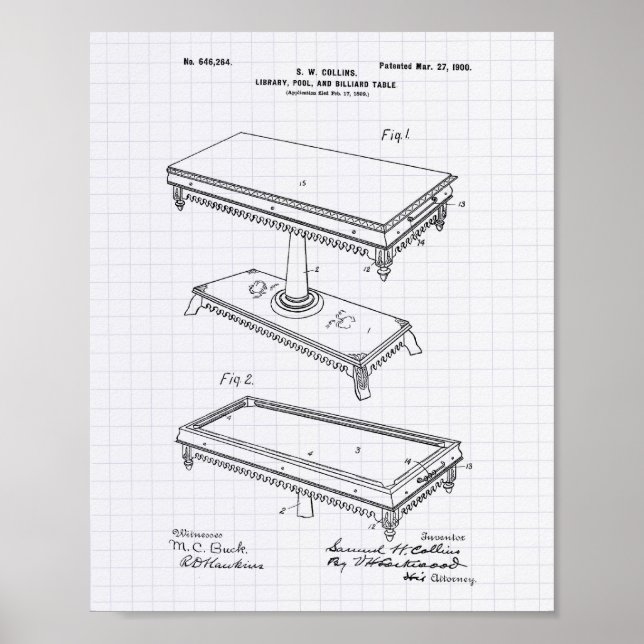 Billiard Table 1900 Patent Art - Lined Peper Poster (Vorne)