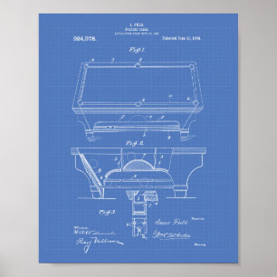 Billiard Table 1909 Patent Art - Blueprint Poster