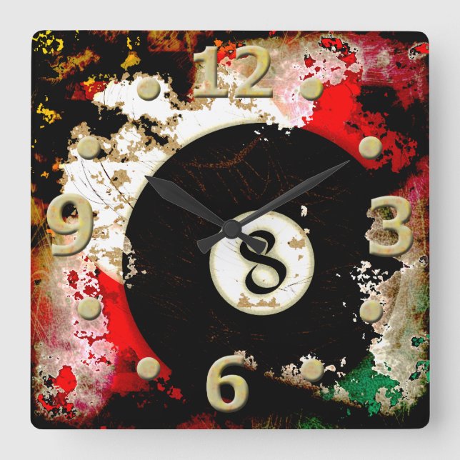 BILLIARDS BALL NUMMER 8 QUADRATISCHE WANDUHR (Vorderseite)