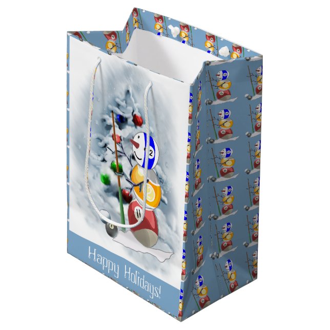 Billiards Ball Snowman Weihnachten Mittlere Geschenktüte (Vorderseite Schrägansicht)