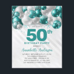Billig Aquamarin Silver Ballon Glitzer 50. Geburts Flyer<br><div class="desc">Moderner Glam Aquamariner grüner Silberballon Glitzer Sparkle jedes Alter Geburtstag Einladung</div>
