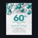 Billig Aquamarin Silver Ballon Glitzer 60. Geburts Flyer<br><div class="desc">Moderner Glam Aquamariner grüner Silberballon Glitzer Sparkle jedes Alter Geburtstag Einladung</div>