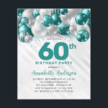 Billig Aquamarin Silver Ballon Glitzer 60. Geburts Flyer<br><div class="desc">Moderner Glam Aquamariner grüner Silberballon Glitzer Sparkle jedes Alter Geburtstag Einladung</div>
