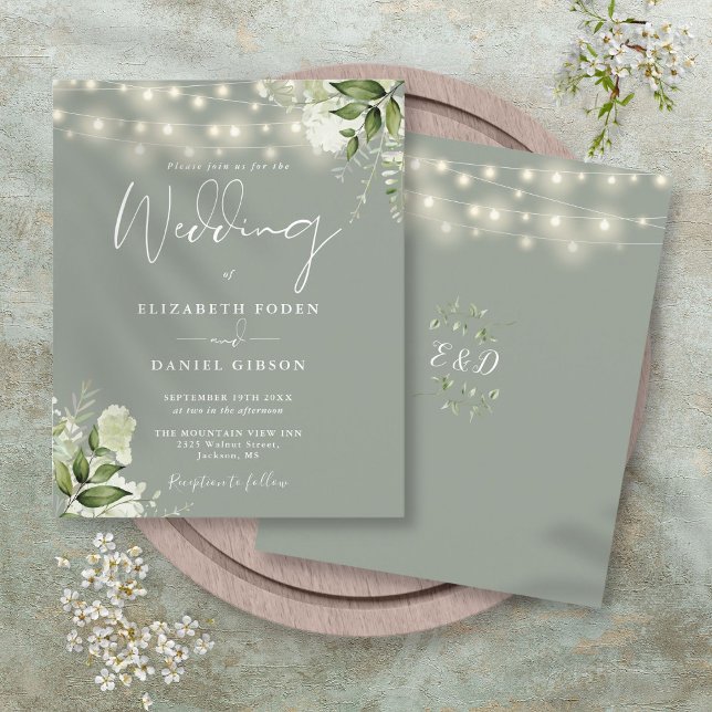 Billig Blumenleuchten Grüne Hochzeit Einladung (Budget Floral Lights Sage Green Wedding Invitation)