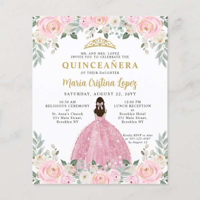 Billig Blush Pink Gold Floral Prinzessin Quinceañe Flyer (Vorne)