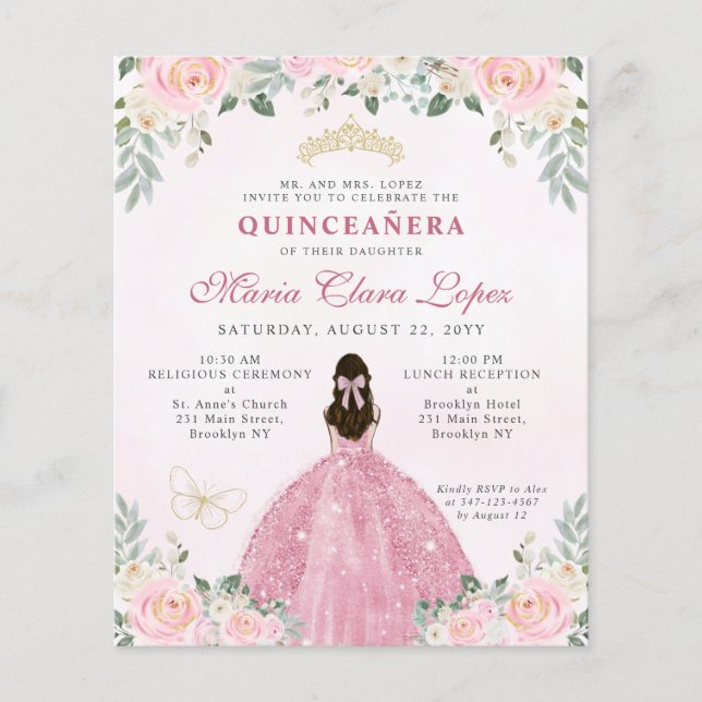 Billig Blush Pink Gold Floral Prinzessin Quinceañe Flyer (Vorne)