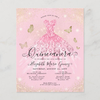 Billig Blush Pink Gold Gown Quinceanera Einladung Flyer
